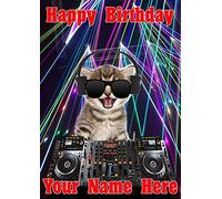 Cat Kitten j561 Clubbing Cool DJ Fun Cute Happy Birthday A5 Personalised Greeting Card Posted by US Gifts for All 2016 from Derbyshire UK