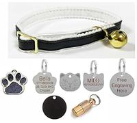 Cat/Kitten Leather Collar with Safety Elastic, Bell with Optional Personalised Tag (Black, Paw Shaped Glitter Tag)
