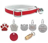 Cat/Kitten Reflective Collar with Safety Elastic, Bell with Optional Personalised Tag (Red, Paw Shaped Glitter Tag)