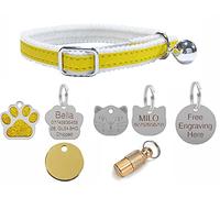 Cat/Kitten Reflective Collar with Safety Elastic, Bell with Optional Personalised Tag (Yellow, Cat Face Tag)