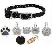 Cat/Kitten Reflective Softweave Collar with Safety Elastic, Bell with Optional Personalised Tag (Black, 27mm Paw Shaped Glitter Tag)