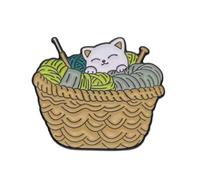 Cat Knitting Enamel Pin Cute Yarn Basket Design 2.5cm x 3cm Metal Lapel Badge Polished Finish Secure Clasp Collectible