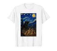 Cat Knocking Over Chess Pieces Van Gogh Starry Value Graphic T-Shirt, Men, White, S