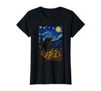 Cat Knocking Over Chess Pieces Van Gogh Starry Value Graphic T-Shirt, Women, Black, S