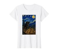 Cat Knocking Over Chess Pieces Van Gogh Starry Value Graphic T-Shirt, Women, White, L