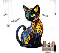 Cat Lamp: Retro Table Lamp, Stained Glass Lamps, Handmade Resin Sculpture Statue | Animal Night Lights, Spooky Decorative Night Light for Bedroom, d