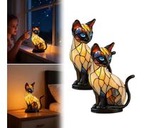 Cat Lamp, Stained Glass Cat Lamp, Decorative Resin LED Night Light for Cats Lovers, USB Vintage 3D Table Lamp Cozy Glow for Desk & Mantel - Fun Gift for Pet Owners (Yellow Pack of 2)