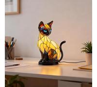 Cat Lamp, Stained Glass Lamp - 3D Decorative Resin LED Night Light with USB Power & Warm White Glow, Vintage Style Table Lamp for Desk, Bedroom - Unique Gift for Cat Lovers[Energy Class A] (A)