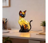 Cat Lamp, Stained Glass Lamp, Decorative Resin LED Night Light for Cat Lovers, USB Vintage 3D Table Lamp Cozy Glow for Desk & Mantel Fun Gift for Pet Owners (1)