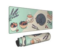 Cat Large Mouse Pad, Cozy Minimalistic Cup Berries Pastel Green Rubber Smooth Aesthetic Long Keyboard Mat Idea for Home Office Desk Laptop Gamers Gift 12x32 Inch