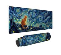 Cat Large Mouse Pad, Impressionism Artistic Stars Swirls Night Blue Rubber Washable Extended Table Mousepad Decor for Home Office Work Gaming Desk 16x36 Inch