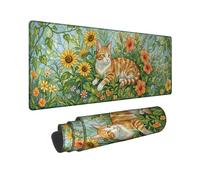 Cat Large Mouse Pad, Nature Floral Sunflower Flowers Spring Green Rubber Non Slip Aesthetic Extended Mouse Mat Decor for Home Office Work Gaming Desk 16x36 Inch