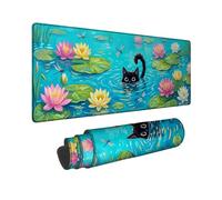 Cat Large Mouse Pad, Nature Playful Water Lily Dragonfly Summer Turquoise Rubber Non Slip Cloth Mousepads for Desk Decor for Home Office Work Gaming Desk 16x36 Inch