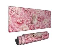 Cat Large Mouse Pad, Romantic Fanciful Peony Cherries Blossom Spring Peach Rubber Washable Extended Table Mousepad Accessories for Office Home Computer Laptop 16x36 Inch