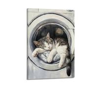 Cat Laundry Room Picture Canvas Funny Bathroom Wall Decor,Cat in Washing Machine Wall Art Poster,Mother's Day Gift,Modern Home Art Print Decorations for Bathroom Hotel Laundromat12x18inch(30x45cm)
