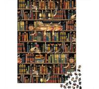 Cat Library Scene 1000 Piece Cardboard Library Cats on Shelves Jigsaw Puzzle for Teens Precise Cutting Minimal Dust Screen-free Activity 70x50cm/1000pcs
