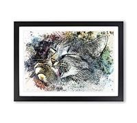 Cat Licking its Paw in Abstract Framed Print | A2 Black Framed Wall Art | Ready to Hang | Abstract Animal Picture | Living Room Bedroom Lounge Office