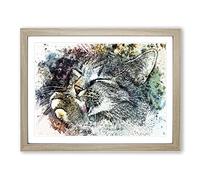 Cat Licking Its Paw In Abstract Modern Art Framed Print | A4 Oak Framed Wall Art | Ready to Hang | Abstract Animal Picture | Living Room Bedroom Lounge Office