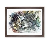 Cat Licking Its Paw In Abstract Modern Art Framed Wall Art Print, Ready to Hang Picture for Living Room Bedroom Home Office Décor, Walnut A2 (64 x 46 cm)
