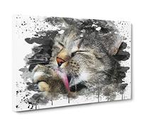 Cat Licking its Paw V3 Canvas Print | Gallery Wrapped 30mm Frame Wall Art | 30x20 inches | Ready to Hang | Modern Animals Picture | Living Room Bedroom Lounge Office