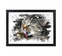 Cat Licking its Paw V3 Framed Print | A2 Black Framed Wall Art | Ready to Hang | Modern Animal Picture | Living Room Bedroom Lounge Office