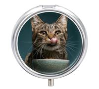 Cat Licking Tongue Pill Box 3 Compartment Travel Pill Organizer 3 Times A Day Cute Mini Pill Case for Purse & Pocket Portable Metal Medicine Box with Mirror Round Daily Medicine Vitamin Container