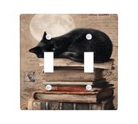 Cat Light Switch Cover Plates/Outlet Covers, Vintage Moon and Books Design for Home Decor, Thermoplastic Wall Plates, Standard Size Double Toggle