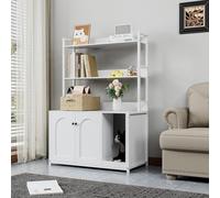 Cat Litter Box Enclosure, 89.4W x 45D x 132H cm Hidden Litter Box Furniture with 3-tier Storage Shelves, Double Doors & Separate Partition, Wooden Cat House Bookshelf for Bedroom Living Room - White