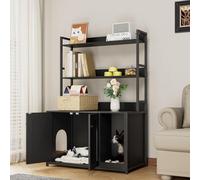 Cat Litter Box Enclosure, 89.4W x 45D x 132H cm Hidden Litter Box Furniture with 3-tier Storage Shelves, Double Doors & Separate Partition, Wooden Cat House Bookshelf for Bedroom Living Room - Black