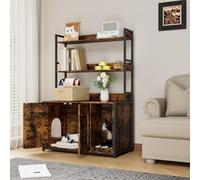 Cat Litter Box Enclosure, 89.4W x 45D x 132H cm Hidden Litter Box Furniture with 3-tier Storage Shelves, Double Doors & Separate Partition, Wooden Cat House Bookshelf for Bedroom Living Room - Brown