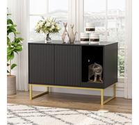 Cat Litter Box Enclosure, Fluted Hidden Litter Box Furniture with Scratch Pad and Metal Legs, Modern Enclosed Cat Cabinet, 31.5 x 17.7 x 21.7 Inches Indoor Pet House for Living Room, Washroom, Black