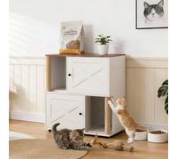 Cat Litter Box Enclosure for 2 Cats - 80x50x88cm Wooden Cat House Side End Table with Scratching Posts and Double-Layer Mat, Hidden Litter Box Furniture for Bedroom & Living Room (White)