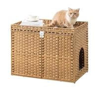 Cat Litter Box Enclosure, Handwoven Rattan Hidden Litter Box Furniture with Mat, Large Space Cat House with Double Doors 77 x 46.5 x 62cm, Indoor for Living Room Bedroom Balcony (Nature, Big)