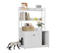 Cat Litter Box Enclosure, Hidden Litter Box Cabinet Furniture with 2 Levels of Shelves & 1 Countertop, Cats House with Magnetic Doors Separate Partition Wall & Scratching Post 132x45x90cm, White