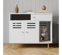 Cat Litter Box Enclosure, Hidden Litter Box Furniture with 2 Storage Compartments, Scratching Mat, Indoor Pet House Washroom, Dog Proof Kitty Litter Box Enclosure, Side End Table, White