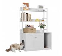 Cat Litter Box Enclosure with 3-Tier Storage - 89x45x132cm Hidden Wooden Furniture with Double Doors & Separate Partition, Multi-Functional Cat House Bookshelf for Bedroom & Living Room - White