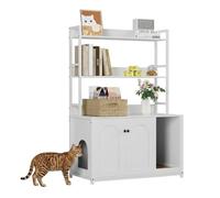 Cat Litter Box Enclosure with 3-Tier Storage, Double Doors Multi-Functional Cat House Bookshelf,Hidden Cats Washroom Furniture, Indoor Cat Bookshelf Cabinet for Bedroom & Living Room,White