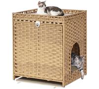 Cat Litter Box Enclosure with Soft Litter Mat; Hidden Cat Washroom Furniture with Door; Handwoven Rattan Cat House; Pet Crate for Living Room, Bedroom, Balcony (Natural)