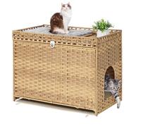 Cat Litter Box Enclosure with Soft Litter Mat; Hidden Cat Washroom Furniture with Door; Handwoven Rattan Cat House with Large Space; Pet Crate for Living Room, Bedroom, Balcony (Natural)