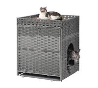 Cat Litter Box Enclosure with Soft Litter Mat; Hidden Kitten Washroom Furniture with Door; Handwoven Rattan Cat House; Pet Crate for Living Room, Bedroom, Balcony (Grey)