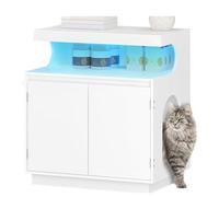 Cat Litter Box Enclosure, Wooden Cat House with Open Storage Shlef, Indoor Litter Cabinet Structure Furniture for Bathroom, Hidden Kitten Washroom with Remote Controlled Light Bar