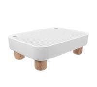 Cat Litter Box Entrance Ramp with Wooden Legs and White ABS | Vertical Slot Sand Separation Step, Nonslip Foot Pads, Detachable Barrier Base, for Small Cats and Older Cats