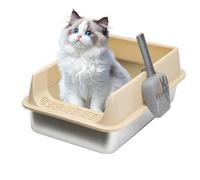 Cat Litter Box, Stainless Steel Enclosure, Easy Clean Large Tray with Scoop 23.6 Inches, Compact Indoor Odor Control for Home, Apartment, Dorms, Balcony, Farmhouse, Brown Gray