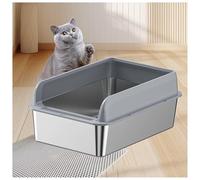 Cat Litter Box Stainless Steel with Anti-Leakage Enclosure, High Sided Stainless Steel Litter Box with Litter Mat and Scoop, Non-Sticky,Gray-35×50×15cm