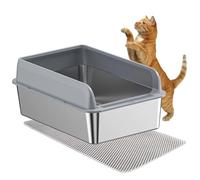 Cat Litter Box Stainless Steel with High Sides Lid, Large Metal Litter Box Include Cat Mat and Litter Scoop,Gray-40×60×10cm
