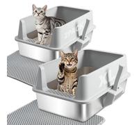 Cat Litter Box, TOKXTIK Stainless Steel Litter Box,XL Metal Tall Litterbox,Large Litterbox with High Side Wall，Non-Stick，Easy Cleaning，Anti-Leakage，Odorless，Includes Litter Mat、Scoop (2 Pack)