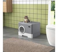 PawHut Cat Litter Tray with Hood, Cat Litter Box with Front Entry, Top Exit, Drawer, Tray, Scoop, 38.5H x 52L x 41Wcm - Grey
