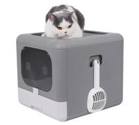 Cat Litter Box with Scoop & Tray - Enclosed, Sifting, Foldable Design - Top/Front Entry Kitten Toilet with Detachable Poop Tray - Odor Control Pet Supplies (Gray/Beige)