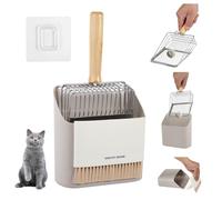 Cat Litter Scoop Set, Stainless Steel Scoop with Holder, Dustpan & Broom | 3-piece set with dual-gap metal scoop, wooden handle, multifunctional dustpan, broom and hook