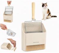 Cat Litter Scoop Set, Stainless Steel Scoop with Holder, Dustpan & Broom | Pet Waste Cleaning Tool Kit，3-piece set with dual-gap metal scoop, wooden handle, multifunctional dustpan, broom and hook